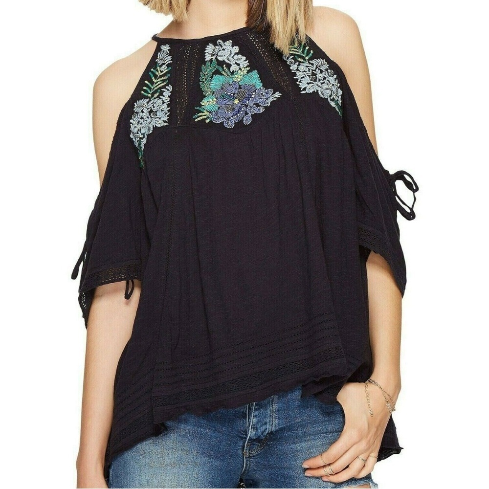 FREE PEOPLE Navy Fast Times Floral Embroidered Cotton Cold Shoulder Top - size S